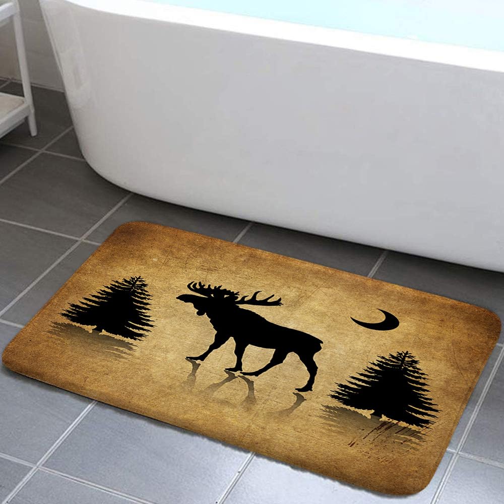 NYMB Vintage Animal Decor Bath Rug, Rustic Elk Moose Deer Forest Pine Tree Moon Design, Countryside Farmhouse Style Bathroom Rugs Sets Non-Slip Mats,