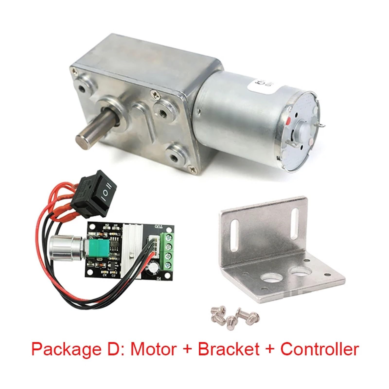 Motorreductor de tornillo sin fin JGY370 DC 6V 12V 24V + Soporte + Controlador de velocidad + Fuente de alimentación + Engranaje metálico(12V 50RPM,Package C)