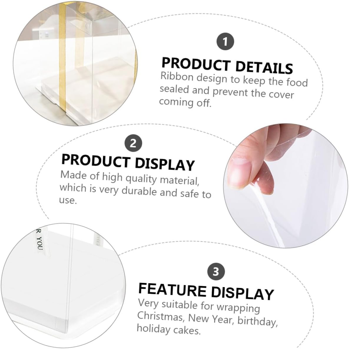 8-inch Square Cake Storage Box Set of 5, Tall Single-layer Food-grade Plastic Cake Carrier with Ribbon for Birthday Party and Bakery Packaging