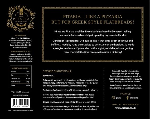 Pitaria Artisan Greek Flatbreads, Handmade Pita for Souvlaki medium sized 13cm - 15cm, 2 packs of 4 breads.