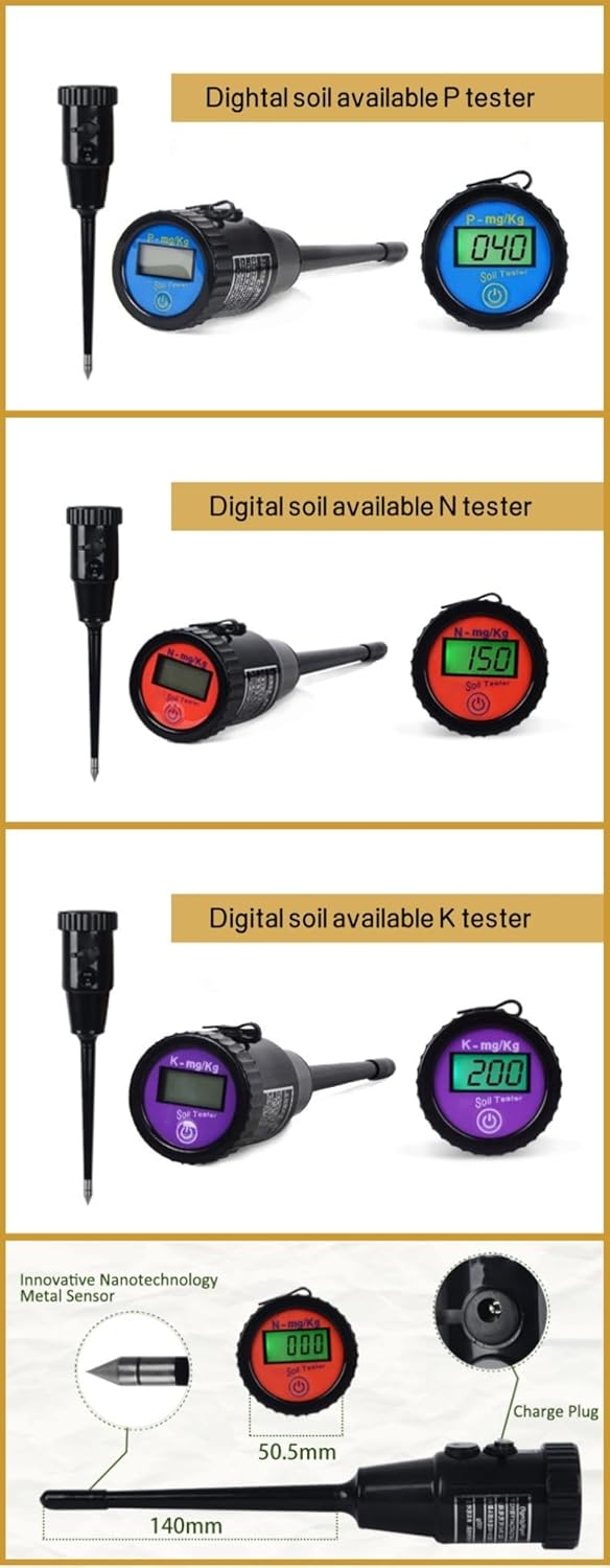 NPK Soil Test Kit - Analyzes NPK Levels, Handheld pH/Soil Nutrient Tester for Gardens and Farms - Portable LCD Display, 140 mm Probe for Fertilizer Management