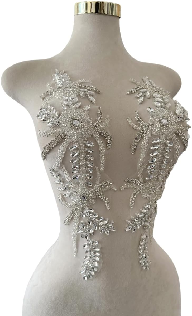 Handmade Shining Rhinestones lace Applique Patches Sewing Beads Sequins Stone Trim Accessories for Wedding Dress 1Pair/Bag 17.7X5inches (Silver)