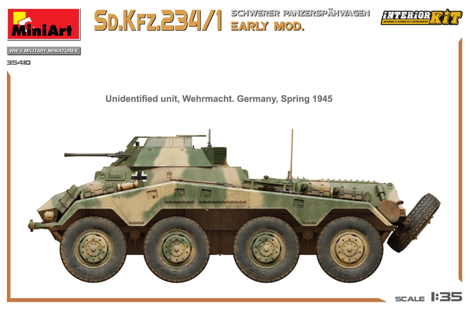 Mini Art 35410 1:35 Sd. Kfz 234/4 Pancerspähwag z Int. - wierna replika, modelarstwo, plastikowy zestaw do montażu, majsterkowanie, hobby, klejenie, zestaw modelarski, montaż, nielakierowany