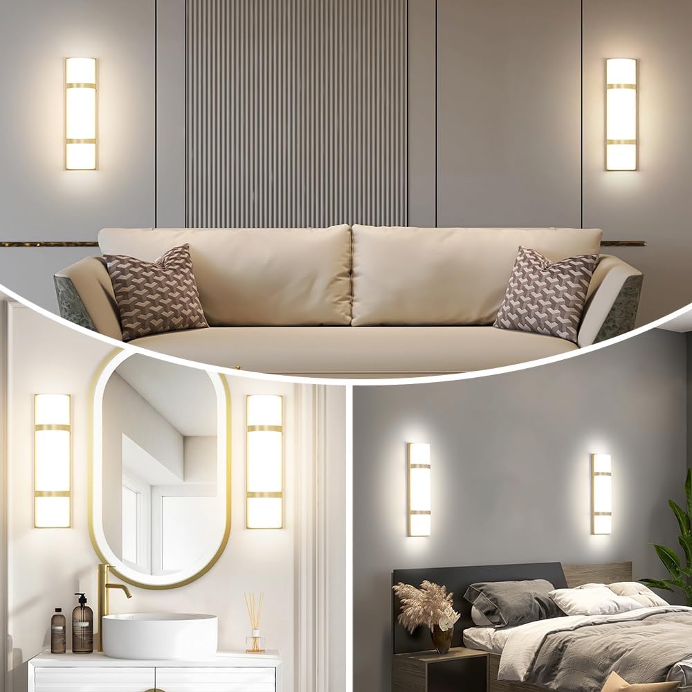 LED Bathroom 16 Inch Vanity Lighting Fixtures | CRI 90 4000K Matte Gold Wall Sconces Set of Two with White Frosted Glass Lamp Shade | 120V 15W 1200LM Dimmable with Dimmer Switch(not Included)