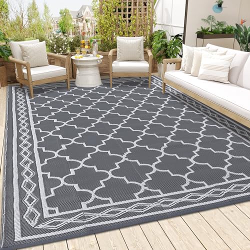 Garvee 10x14 Outdoor Rug Waterproof Reversible Patio Mat, Plastic Straw Rug for Patio,Large Outdoor Carpet for RV Camping, Balcony, Deck, Backyard, Easy Clean & Portable,Grey/White