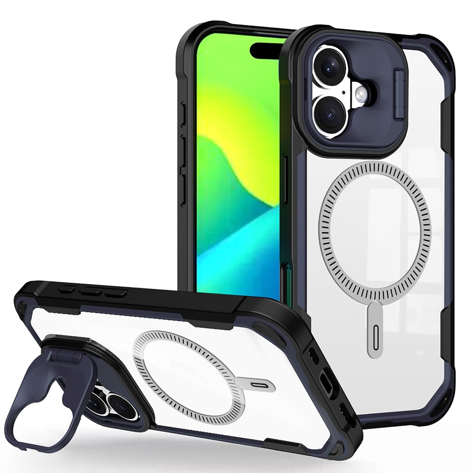 Schutzhülle für iPhone 16 Pro Max/16 Pro/16 Plus/16, dünn, stoßfest, mit Linsenschutz, magnetischer Halterung, transparente Schutzhülle, rutschfest, Schwarz, 16 Pro Max