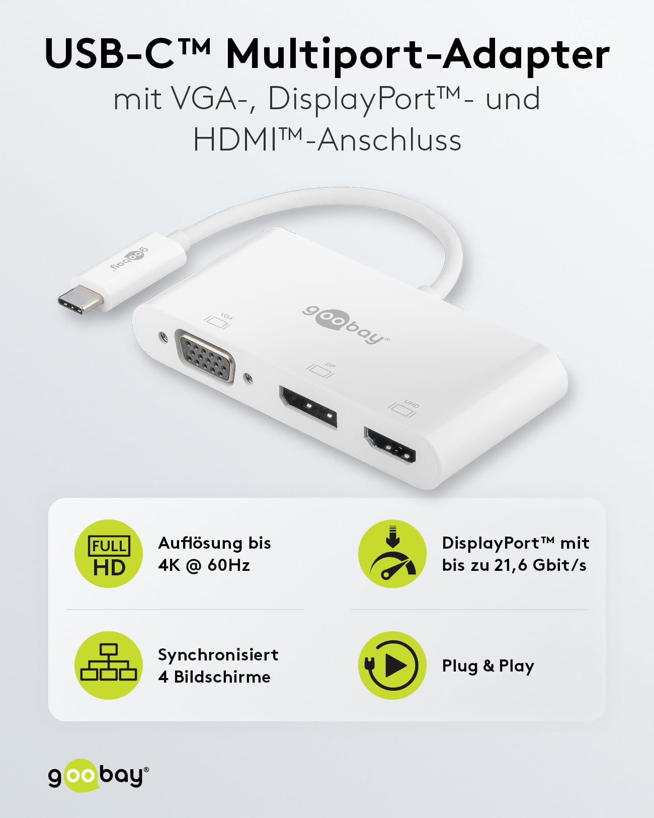 goobay Adaptateur multiport USB-C vers VGA + DP + HDMI - Résolutions jusqu'à Max. 4K x 2K @ 60Hz - Reflète jusqu'à 4 écrans simultanément 52412