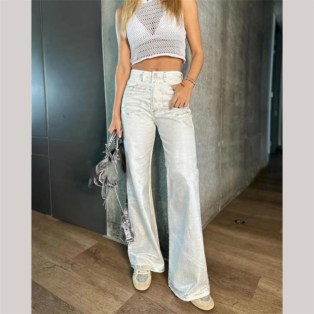 Women Metallic Denim Wide Leg Jeans High Waist Loose Oversize Hip Hop Casual Trousers