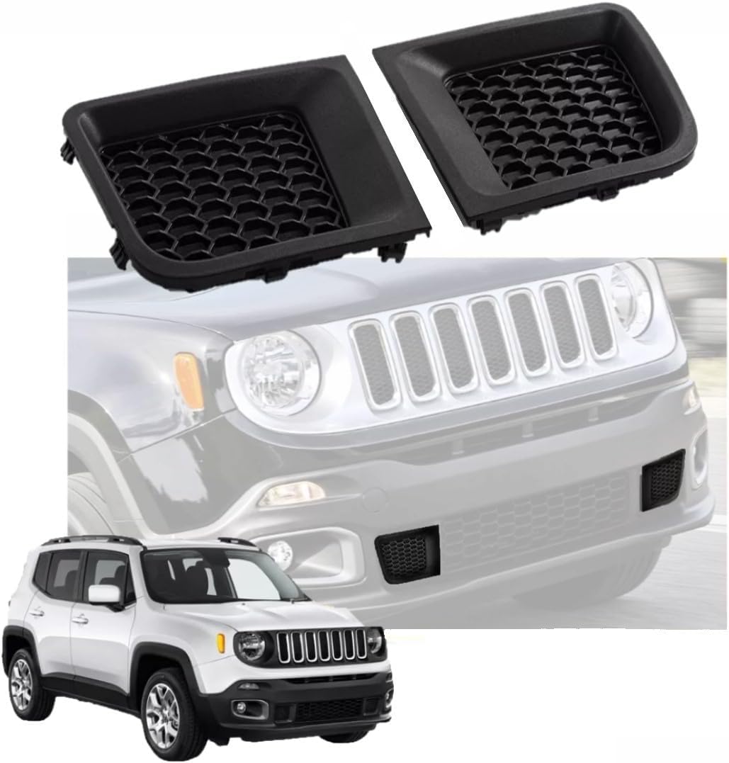 Front Bumper Grille Insert (Set) Compatible With Jeep Renegade 2015-2018 / Center Grille Bezel Outer (LH + RH) / Front Bumper Insert Lower Grill Bezel Cover (1 Pair) Black