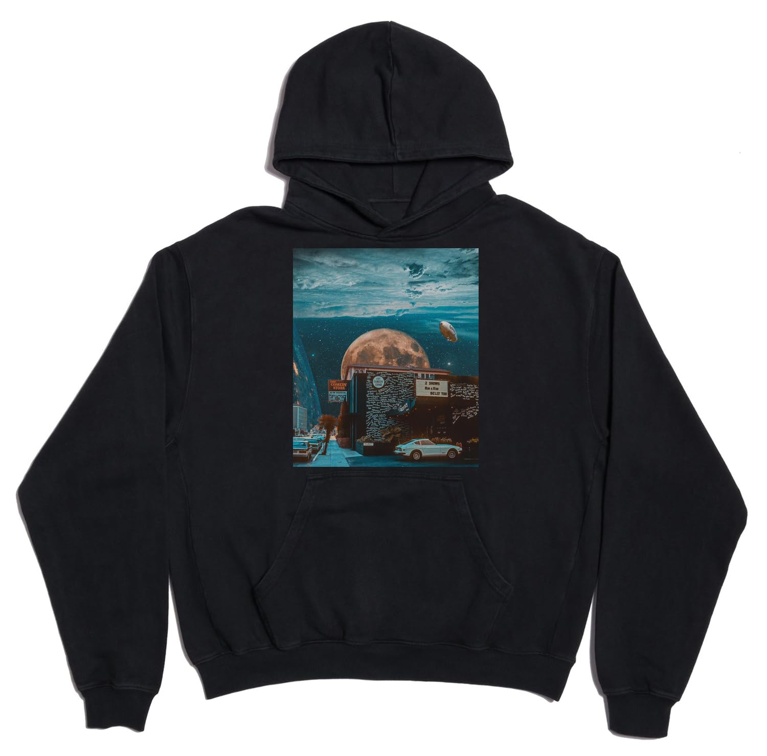 Cosmic Comedy Store Trippy Moon Art Unisex Oversized Heavy Weight Cotton Blend Hoodie Black
