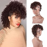 Vista 16 de Peluca corta Afro rizada con flequillo y clip para cola de caballo en cabello rizado sintético hecho de fibra de Kanekalon, moño de cola de caballo