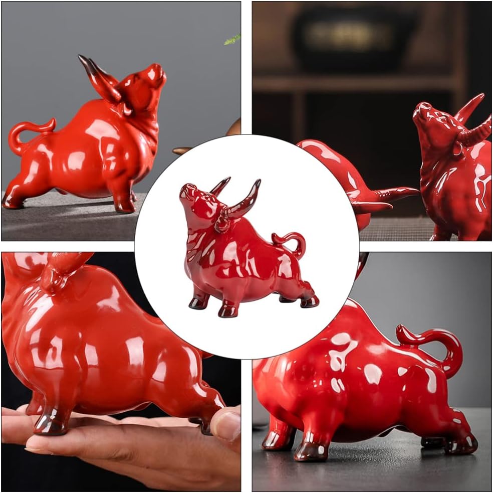 Sewroro Ceramic Ox Figurine, Chinese Style Desktop Adornment, Art Crafts for Home Office Decor, 5.51 x 4.33 x 2.36 Inch (Red)