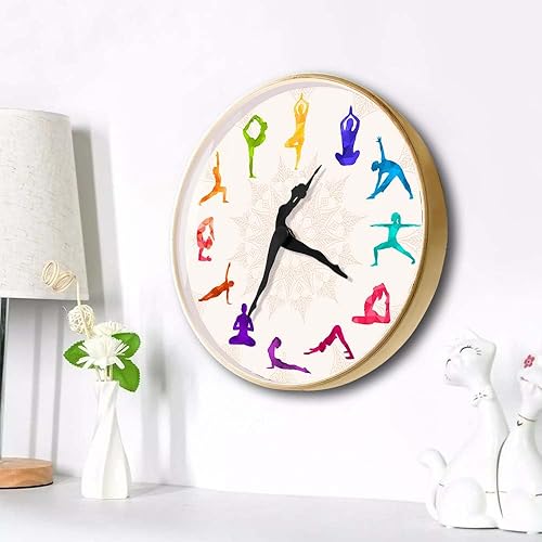 Miniatura 9 de Reloj de pared de postura de yoga colorido de 12 pulgadas con marco de madera, cuarzo silencioso sin tictac, funciona con pilas, reloj de pared