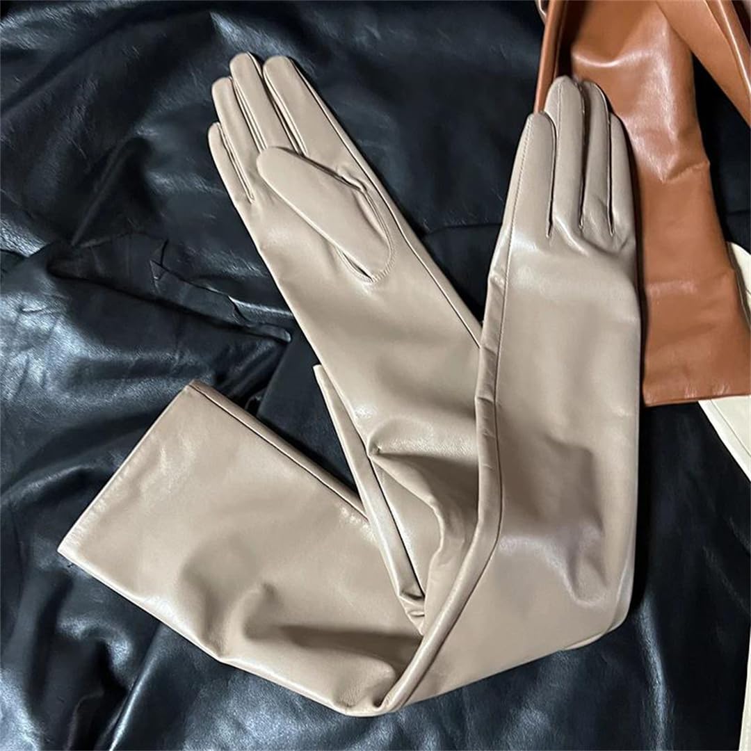 Lange Handschuhe aus echtem Leder, Unisex, weiches Schaffell, mit Fleece gefüttert, elegant, warm, Winter, modische Handschuhe, Braun, Größe XL, 65cm women thin