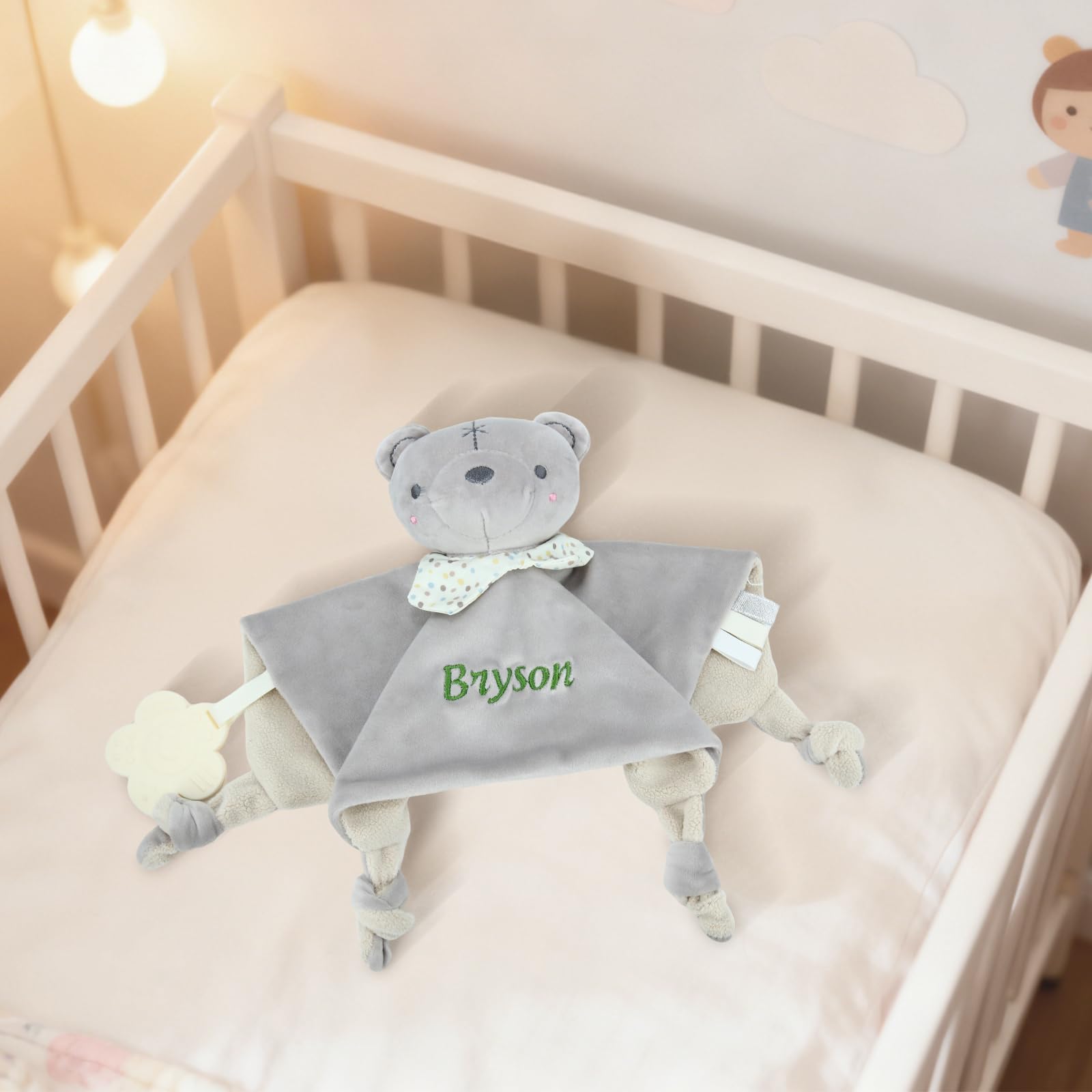 Copertina Personalizzata con Nome Doudou con Neonato Anello da Dentizione in Silicone e Campanellino Peluche Morbidissimo Copertina 27×27 cm Regalo per Neonati Ragazza Ragazzo (Style 5)