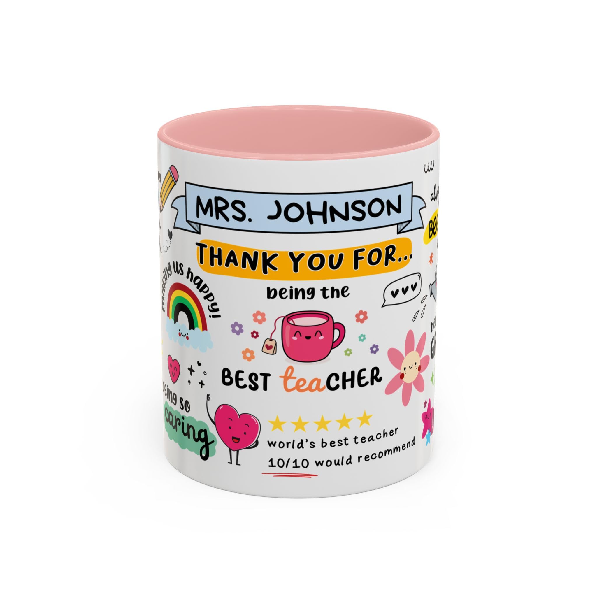 Personalised Teacher Mug, Thank You Teacher Gift, Custom Name Mug for Teachers, Nursery Teacher Cup, End of Term Classroom Gift, Cute Best Teacher Mug (Pink 11oz, Mug)