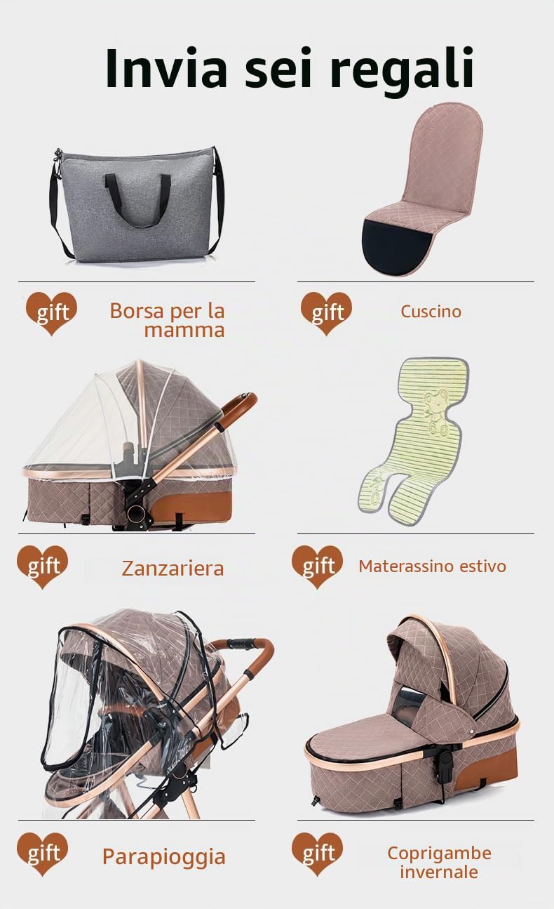 YAZOCO Passeggino Trio 3 in 1 Carrozzina Ovetto Pieghevole Set Viaggio Khaki
