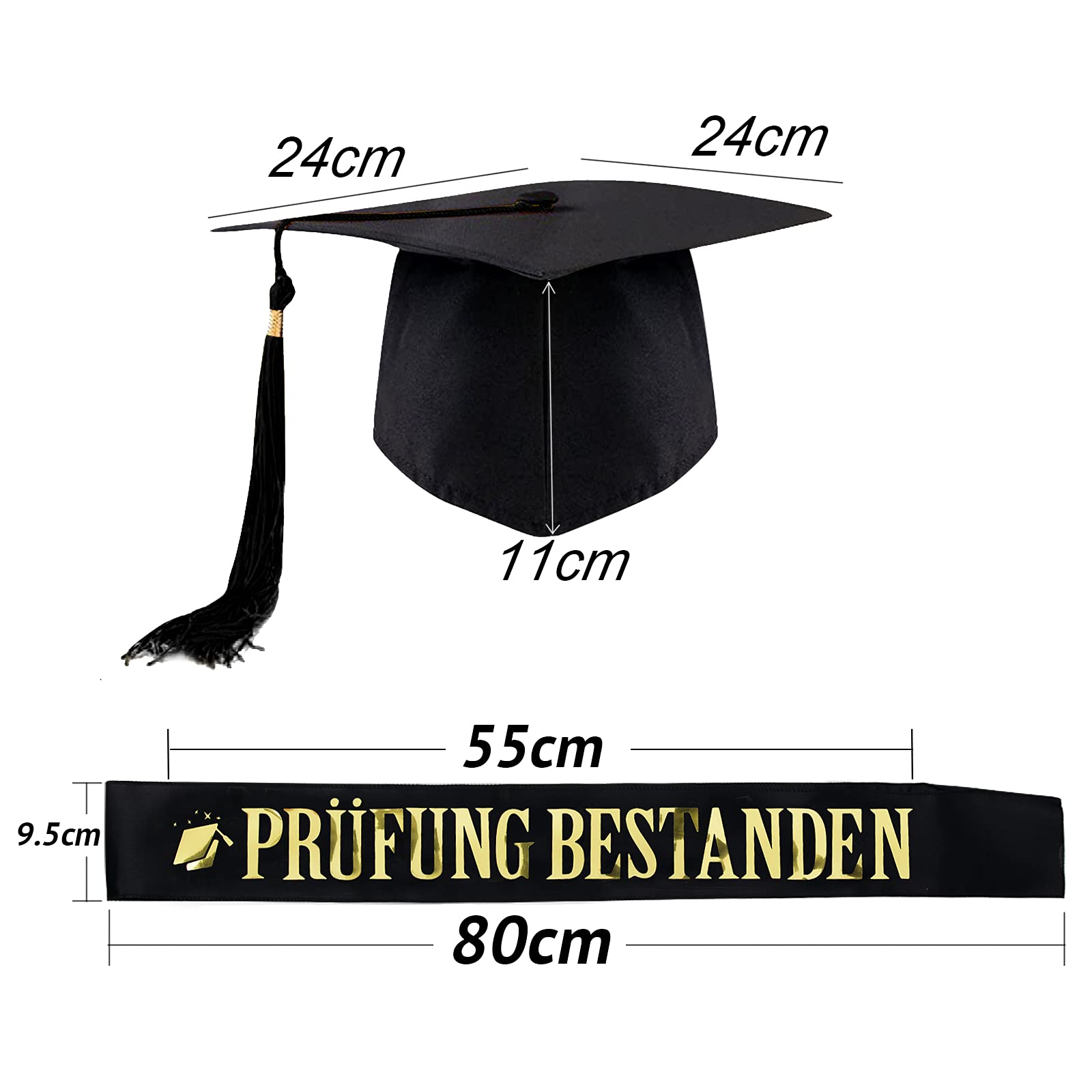 SUNYOK Abschluss-Set Mit Hut & Schärpe „Prüfung Bestanden“ – Schwarz/gold Für Abitur, Bachelor, Master