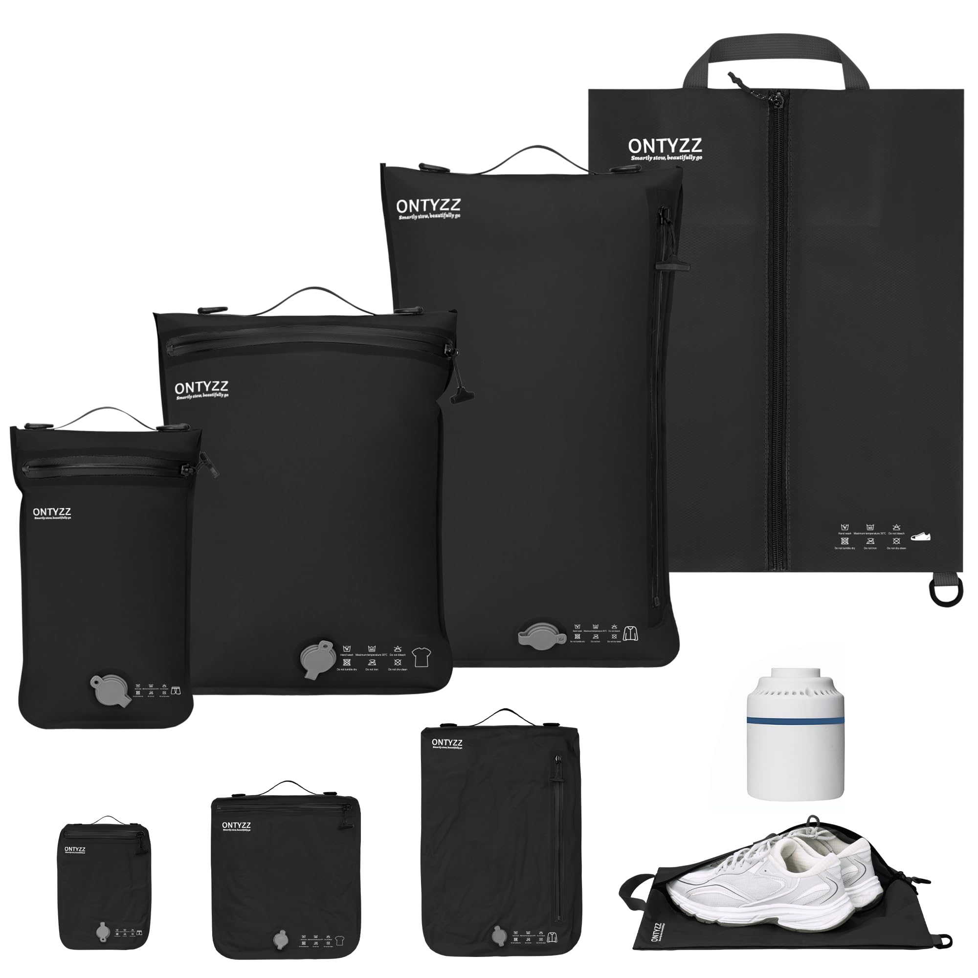 Koffer Organizer Compression Packwürfel Set, 4 Teilig Wiederverwendbar TPU Vakuumierbeutel mit IPX8 Wasserdichtem Reißverschluss Vakuumbeutel für Kleidung Unterwäsche, Socken, Schuhe