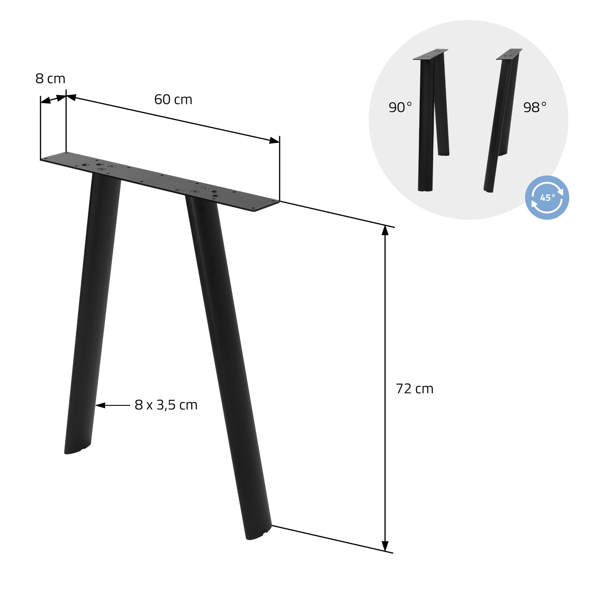 ML-Design 2X Patas para Mesa Metálicas, Soportes de Mueble para Comedor y Escritorio, Forma de A en Acero, 60x72cm, para Exterior Resistentes a la Intemperie, Perfil Ovalado, Altura Ajustable, Negro