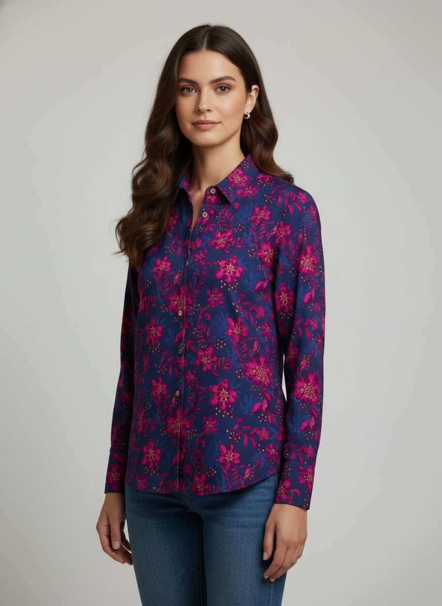 ANNI Designer Bedrucktes Damenhemd aus Baumwollmischgewebe, langärmelig, normale Passform, Hemdkragen, legere Bürokleidung, elegante Western-Kleidung für den Alltag, Hochzeit, Party