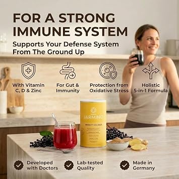 Collagen Powder with L-Glutamine - Strengthen Immune System | Vitamin C, D, Selenium, Zinc, Ginger, Elderberry, Vital Mushrooms | 450g Strengthen Immune System Glutamine Powder | JARMINO