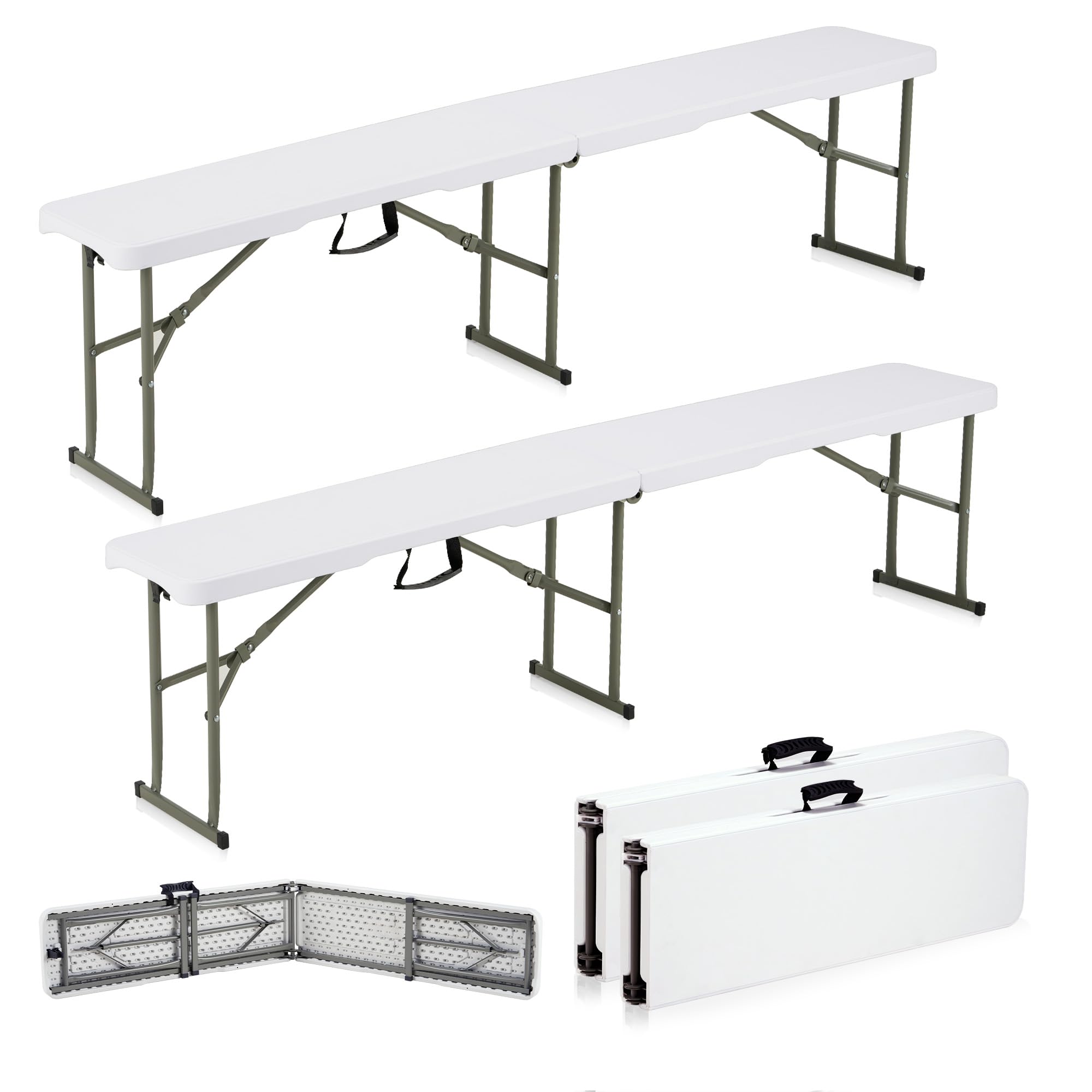 Banco plegable de plástico de 6 pies con asa de transporte y cerradura, banco portátil al aire libre en jardín, picnic, camping, comedor, asiento de fiesta, banco impermeable para