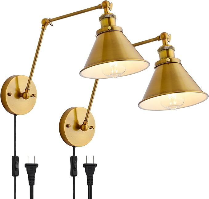 Juego de 2 apliques de pared enchufables rústicos, apliques de pared dorados, juego de 2