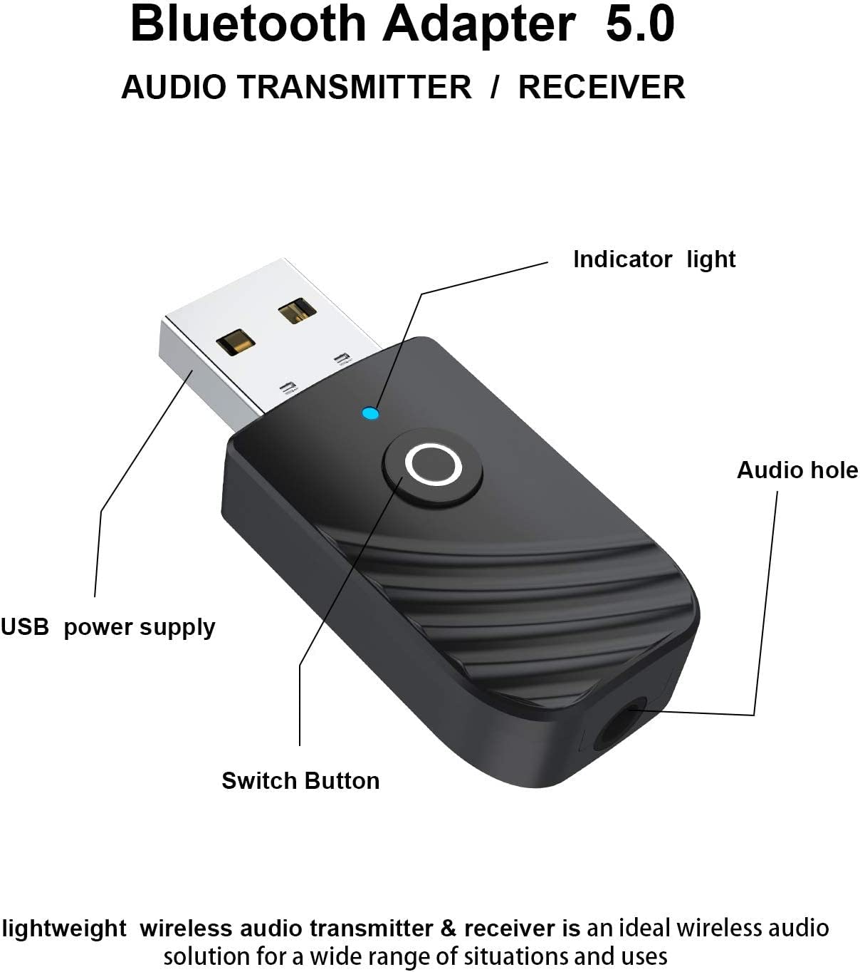 USB Bluetooth 5.0 Adattatore 3 in 1 Ricevitore Audio Musicale Wireless Trasmettitore 3.5Mm AUX per TV PC Cuffie Auto