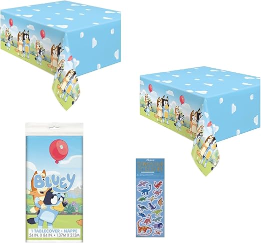 Unique Bluey Birthday Party Supplies Bundle Pack Includes 2 Plastic Table Covers and 1 Dinosaur Sticker Sheet