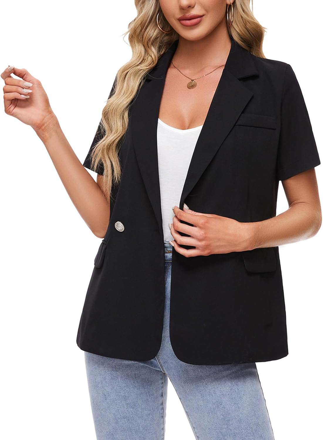 MINTLIMIT Womens Casual Blazer Short Sleeve Lapel Buttons Work Office Blazer Open Front Suit Jackets with Pockets