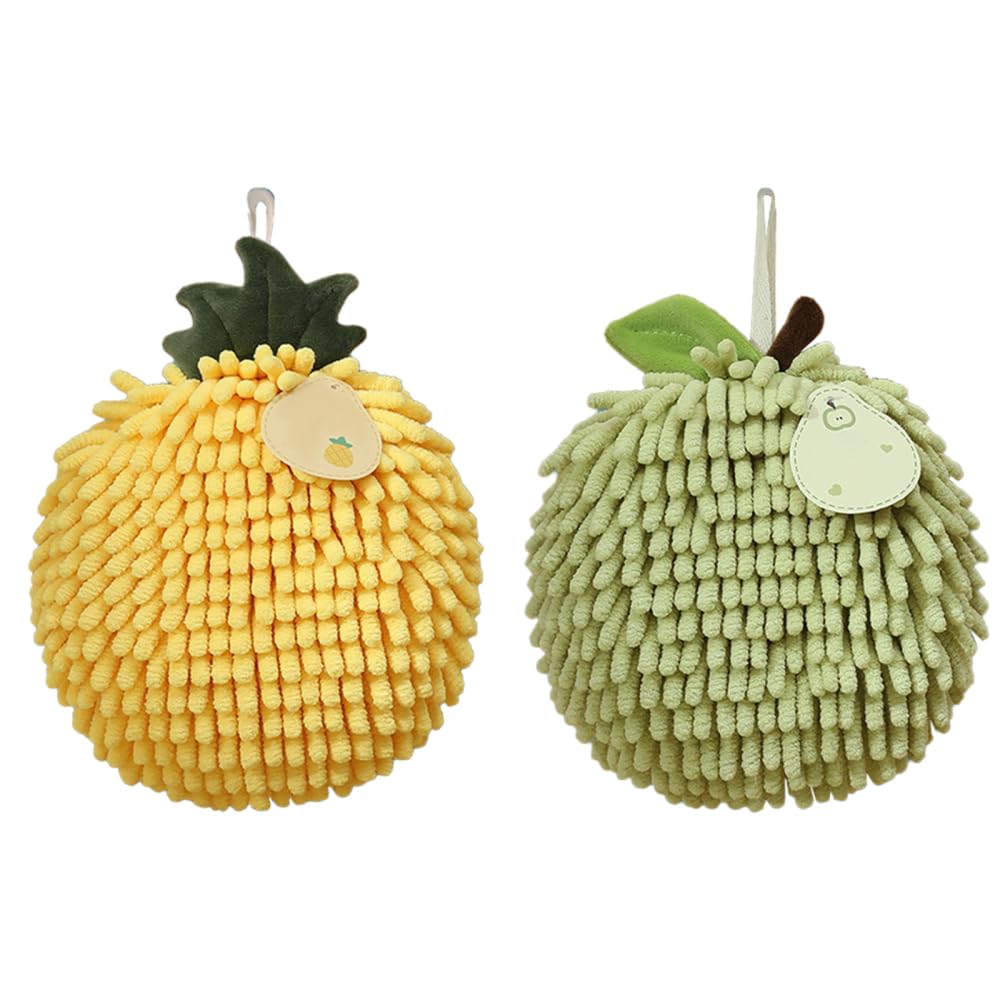 Dongker Yellow + Green Fuzzy Ball Hand Towel,2 Pcs Chenille Fluffy Microfiber Ball Towel With Hanging Loop Quick Dry For Bathroom Washstand Kitchen
