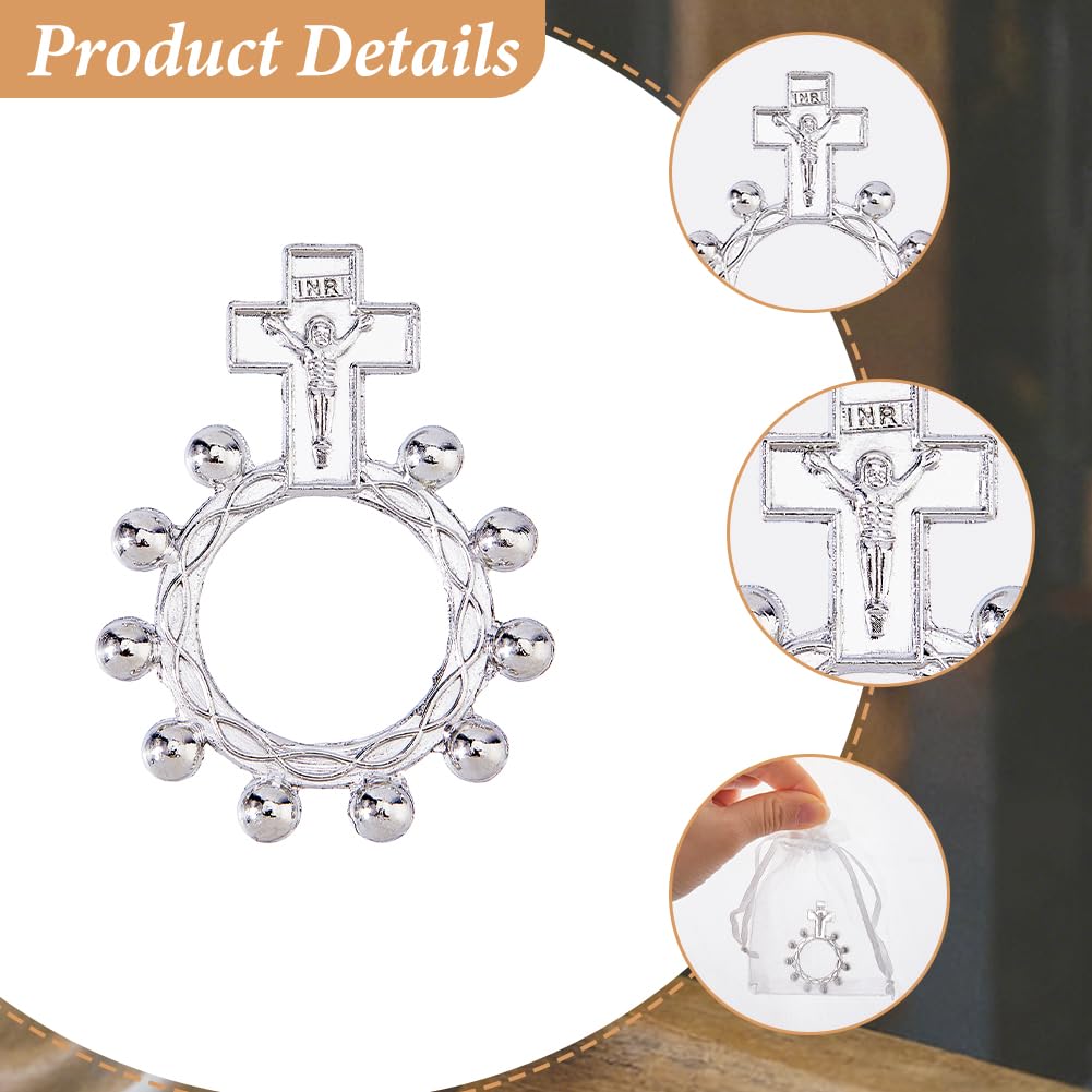 DICOSMETIC 40 anillos de rosario de dedo, anillos de cruz de bolsillo a granel con 40 bolsas de organza, anillo pequeño de oración católica, juego de recuerdos de bautismo de platino para hombres y