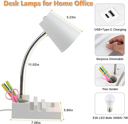 Miniatura 2 de Lámpara de escritorio de estudio con carga USB y luz nocturna tipo C, lámpara de mesa LED de cuello de cisne con atenuación continua, lámpara de