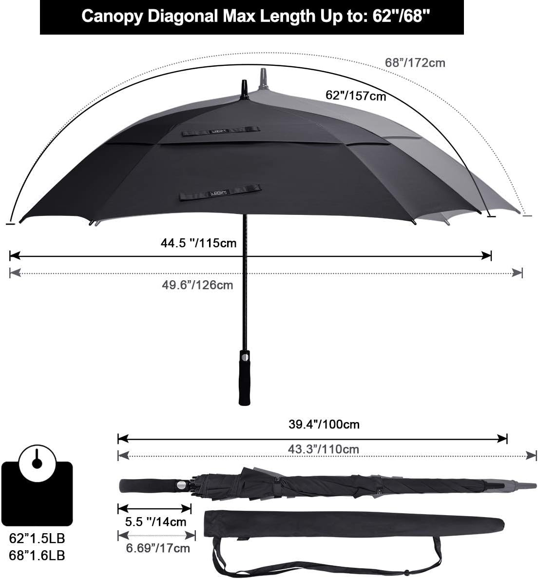 G4Free 68 inch Golf Umbrella and 72 Inch UV Golf Umbrella Double Canopy