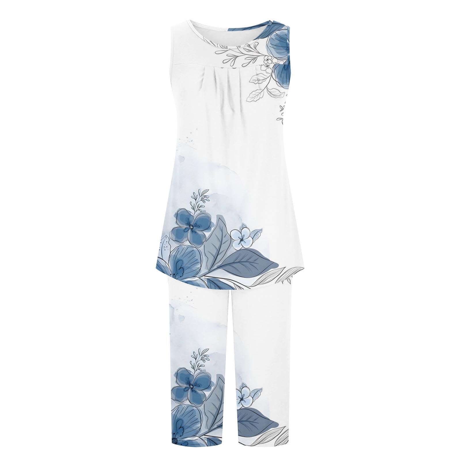 Ensemble Femme Chic 2025 T-Shirts Plissé Hauts Et Pantalon,T Shirt Femme Imprimés Floraux Ample Et Confortable Tee Shirt À Sans Manches Loungewear T-Shirts Short Ensemble De Pyjamas