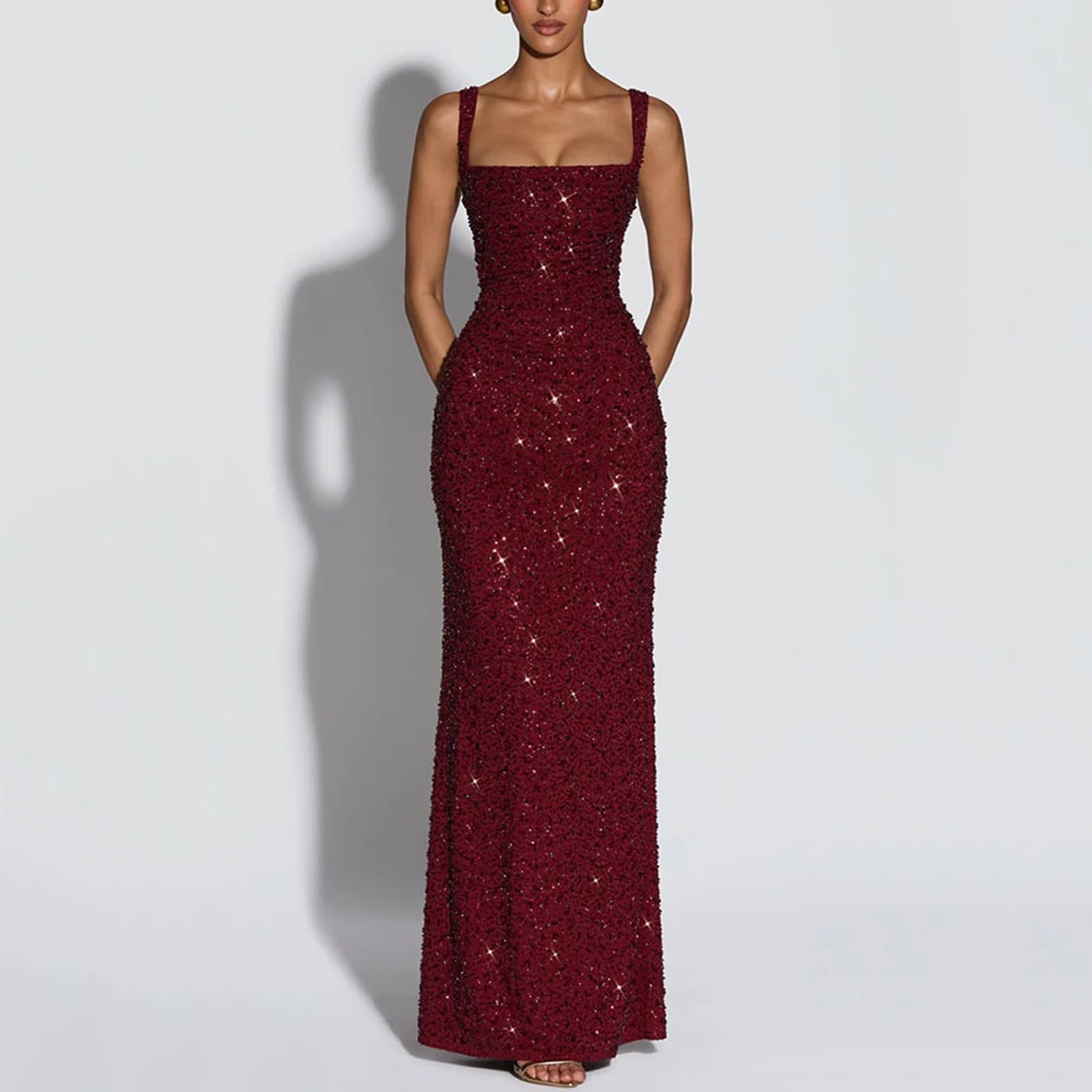 Vestido de Lentejuelas con Lazo En La Espalda, Escote Cuadrado, Tirantes Anchos, Brillante, Corte Ajustado, Ideal Para Ocasiones Formales y Fiestas Nocturnas