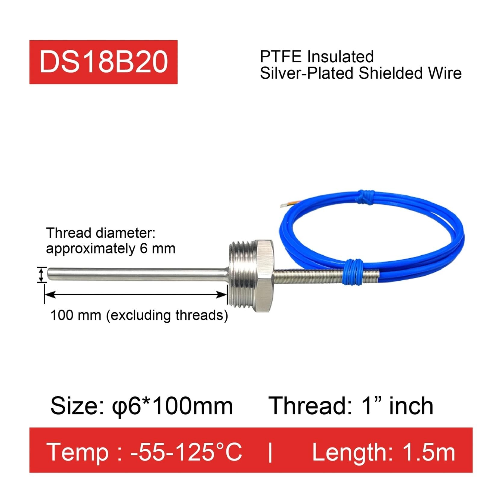 Termómetro digital con sonda roscada de acero inoxidable con sensor 18B20(L-pt1 6-100MM)