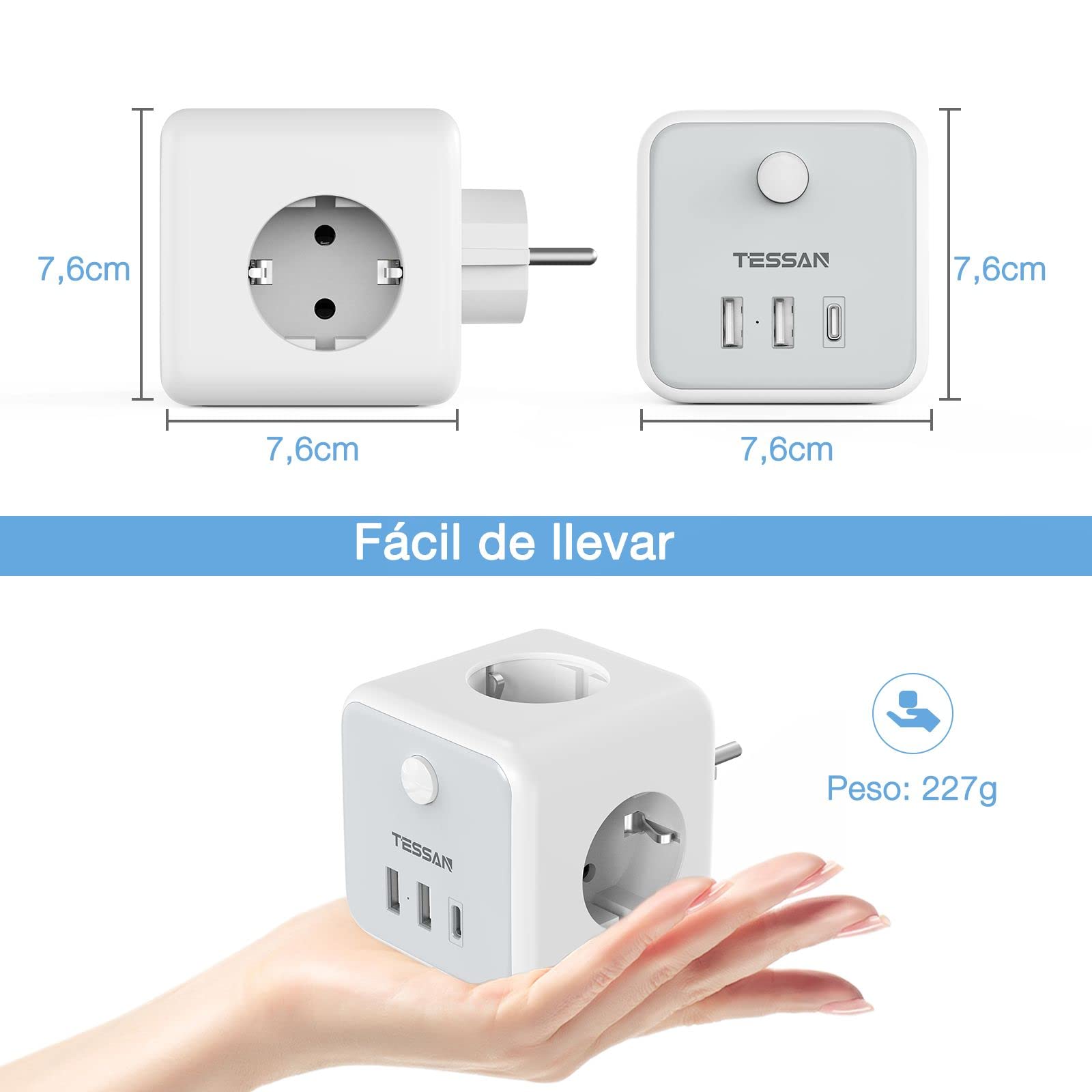 TESSAN Ladron Enchufes con USB C, 6 en 1 Cubo Cargador Ladrón Enchufes, Triple Multiple con 3 USB, Multiple Pared con Interruptor, Regleta Pared Compatible con Phone, Pad, Hogar Oficina