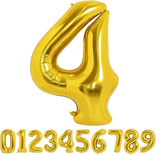 TONIFUL Globos grandes dorados de 50 pulgadas del 0 al 9 globo digital grande de Mylar de aluminio número 4 dígitos cuatro para fiesta de cumpleaños