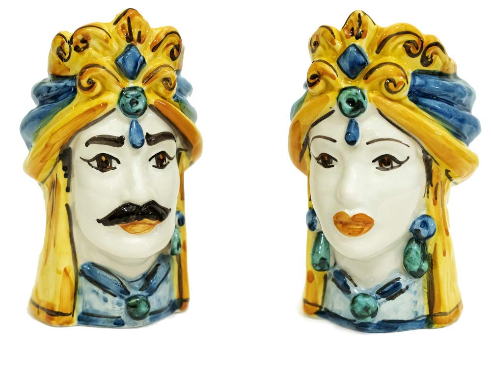 Generico Coppia teste di moro Caltagirone giallo in ceramica siciliana vasetti piccoli 15 cm