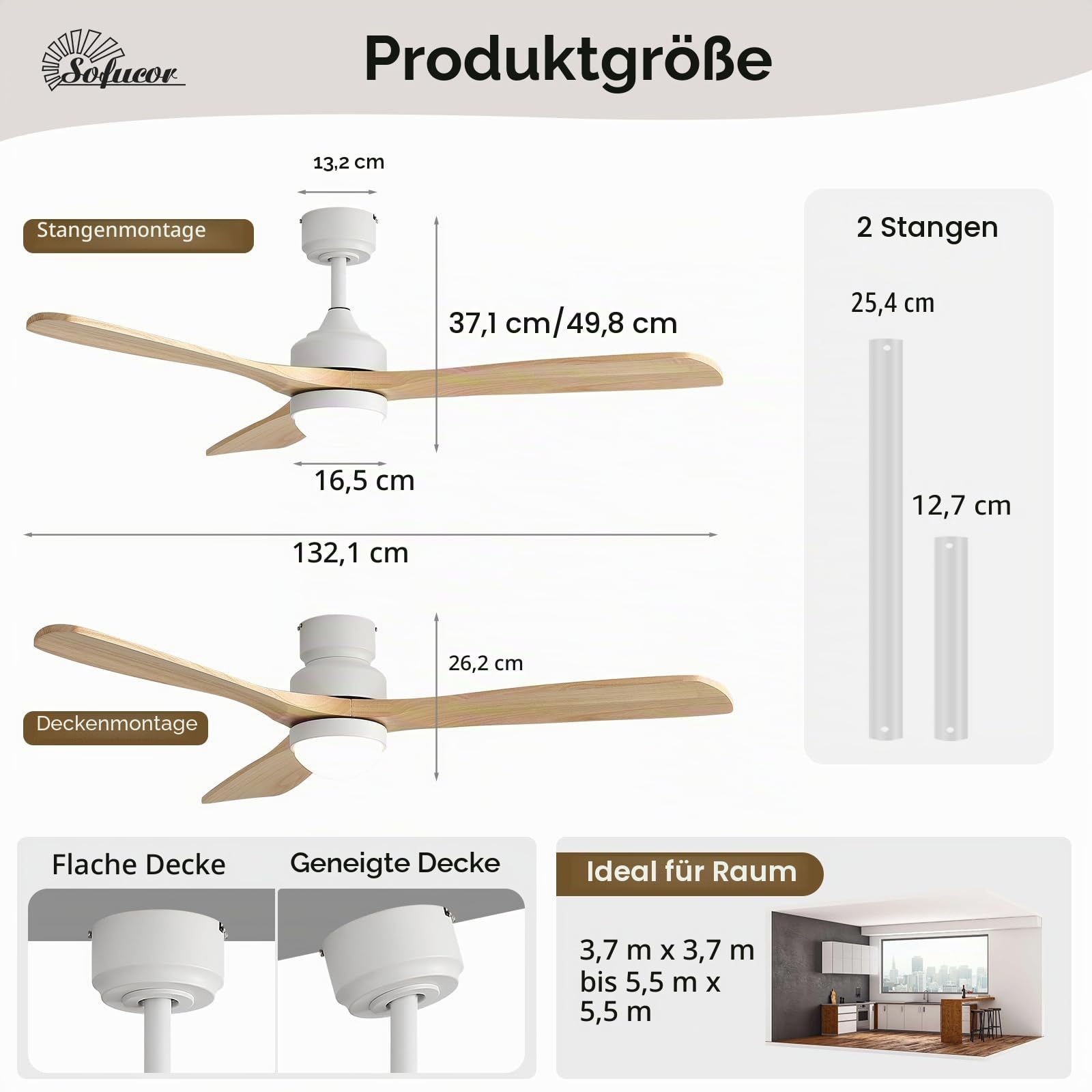 Sofucor Smart Deckenventilator mit Beleuchtung,132cm Massivholz Deckenventilator mit Licht, Alexa/APP, WiFi, Fernbedienung, DC, 3 Farbtemperatur, Timer, 6 Geschwindigkeiten für Schlafzimmer