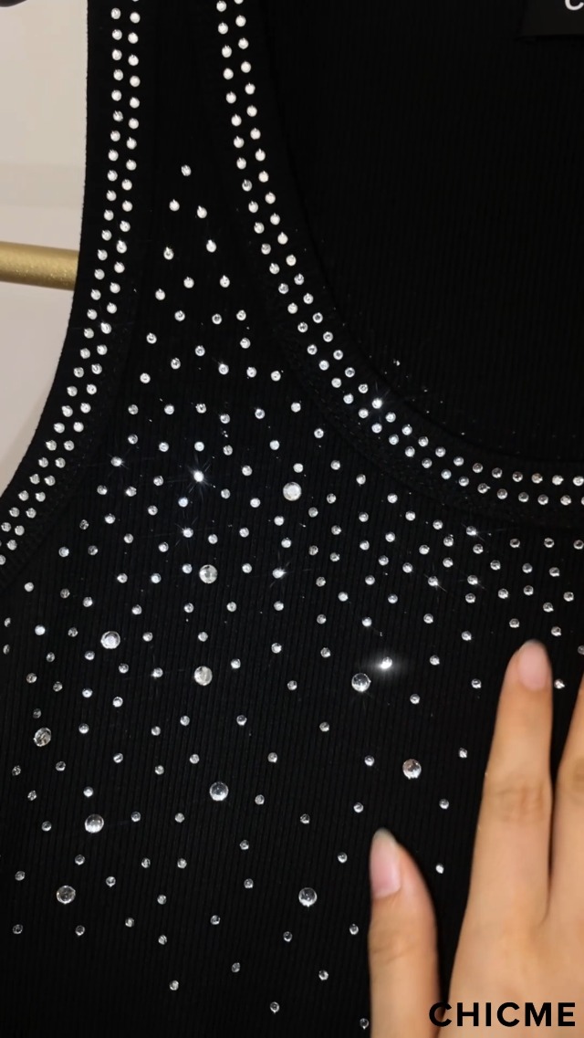 CHICME Womens Sleeveless U Neck Tank Top Rhinestone Ribbed Fitted