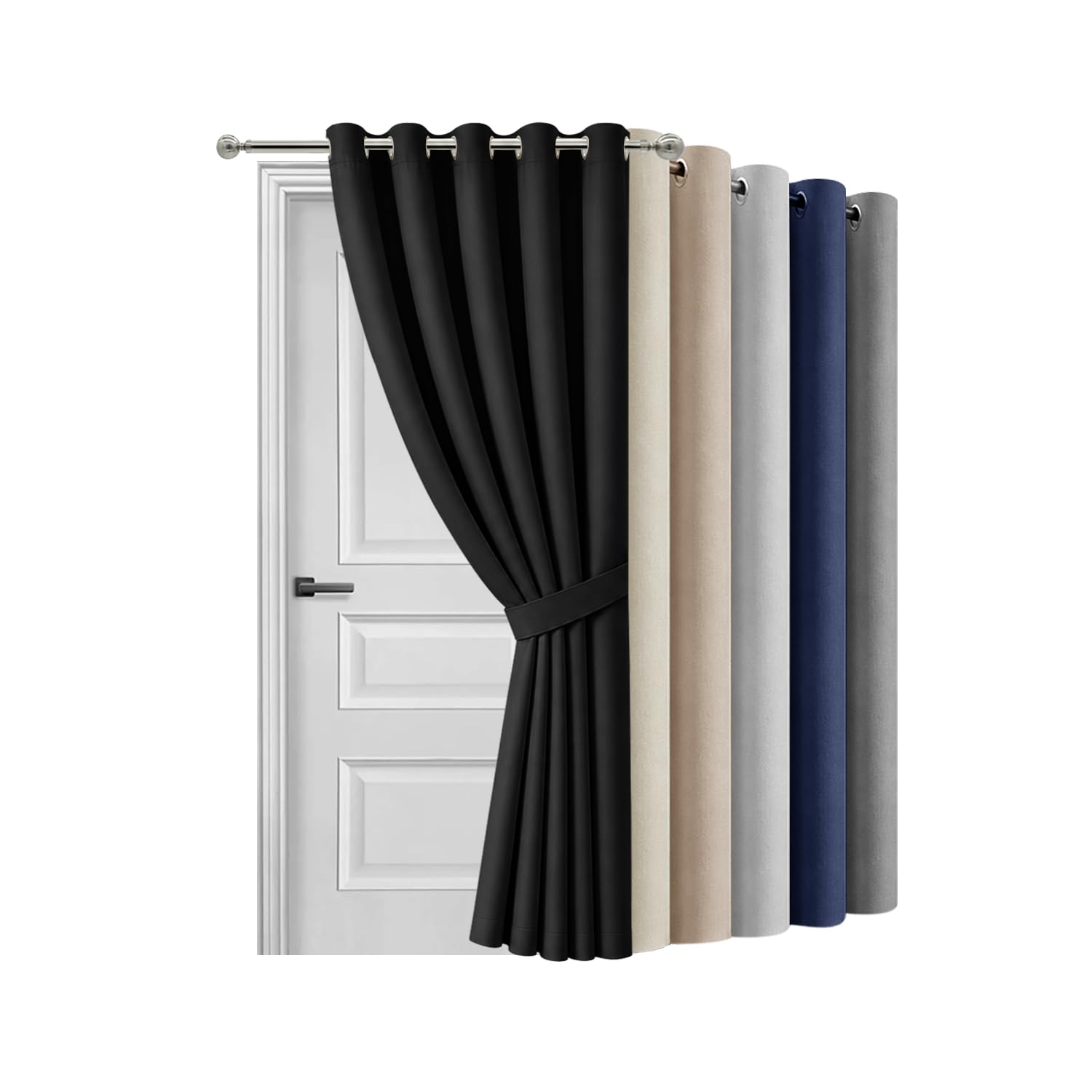 Hafaa Blackout Eyelet Curtains for Bedroom 66 X 84 Inch Black Door Curtain for Living Room Noise Reducing Black out Curtain & Drapes 1 Panel with Tieback — image 1