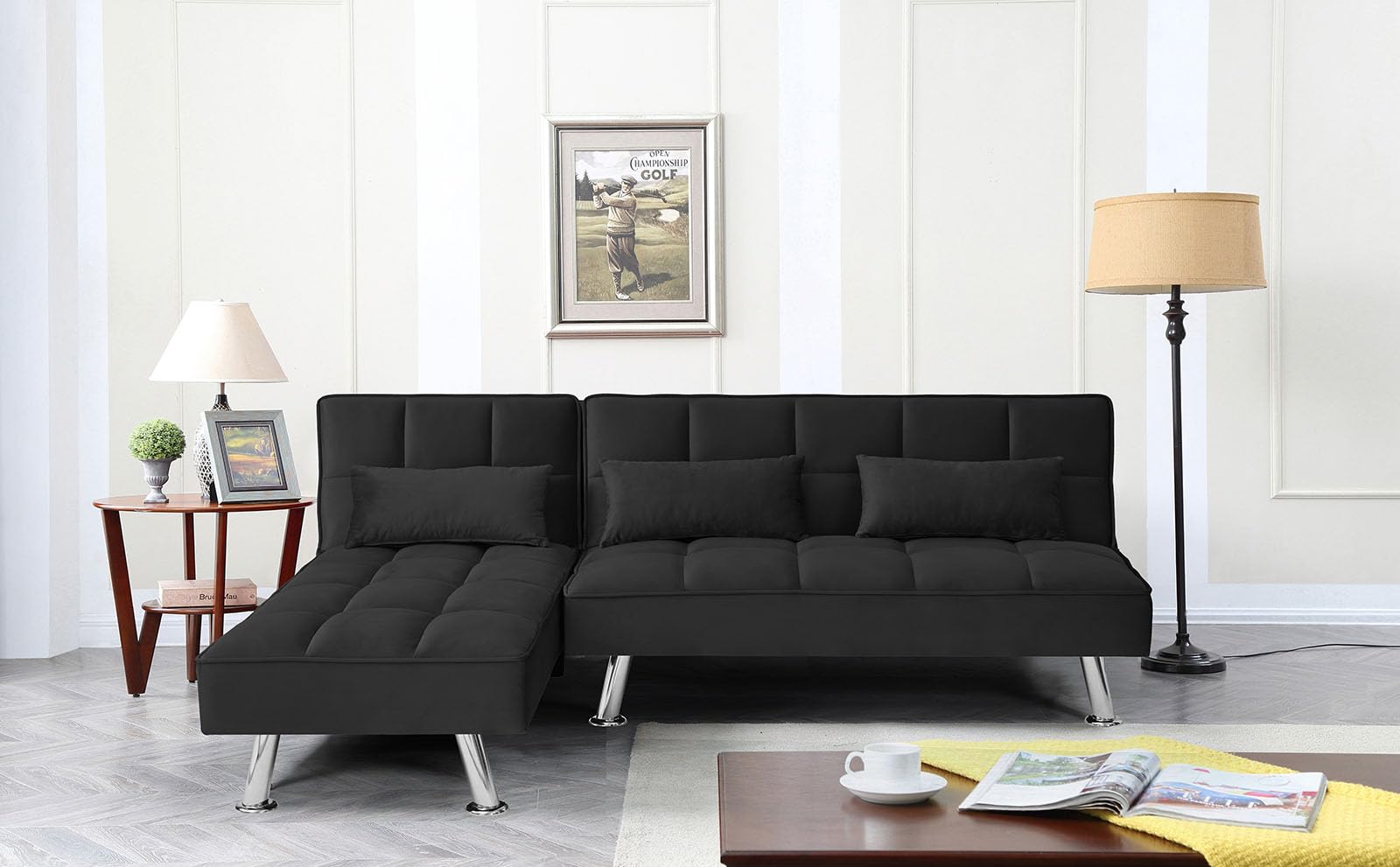 Ibera Sofá Cama Chaise Longue Noelia XS, 200x149cm - Funcionalidad y Estilo - Color Negro Terciopelo
