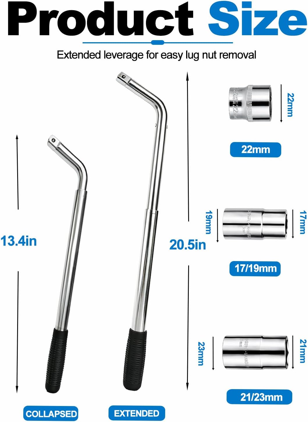 Riseuvo Telescoping Lug Wrench with 17/19,21/23,22mm Sockets for Cars/SUVs