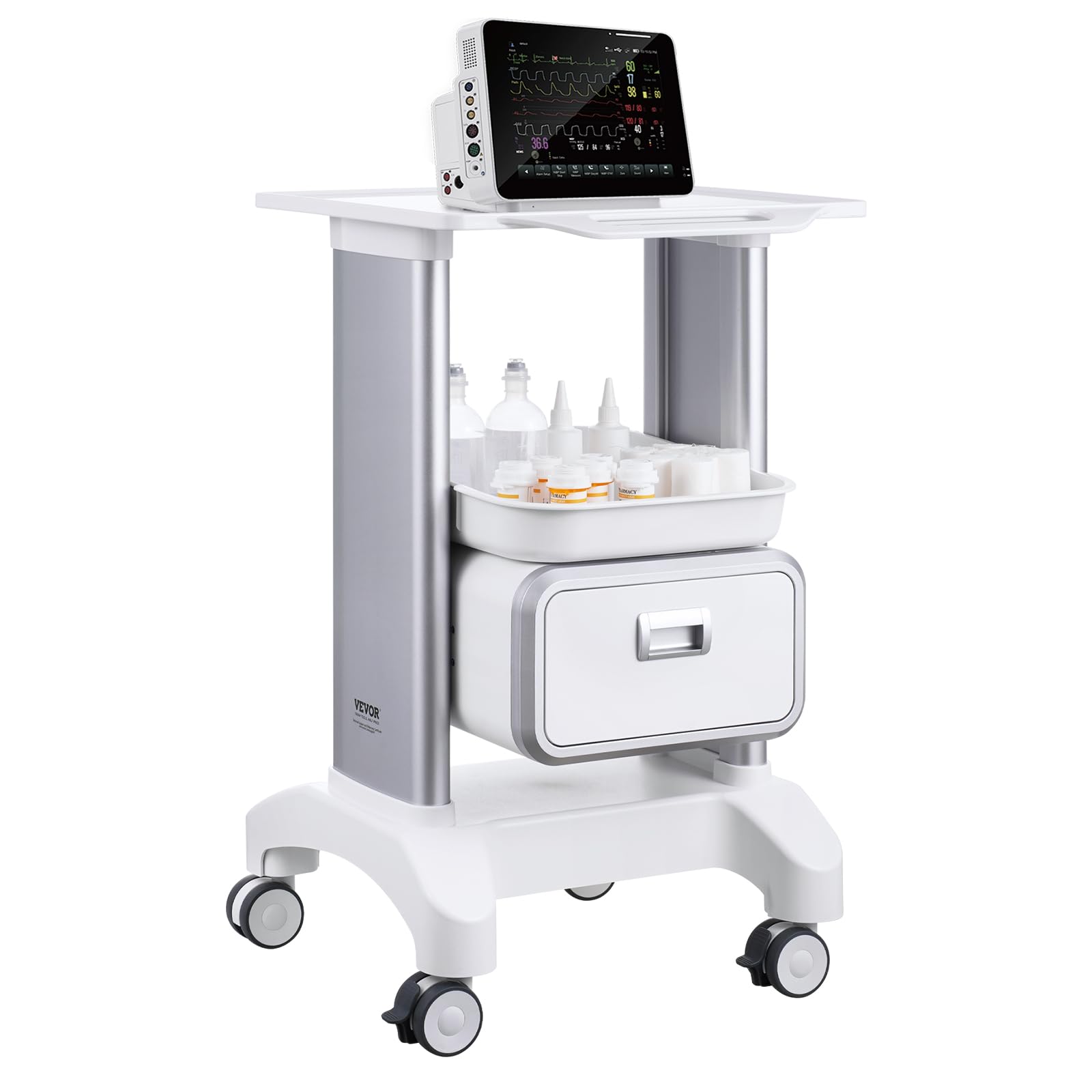 VEVOR Medical Trolley Storage Cart with Removable Drawer, Rolling Lab Tray Cart with Wheels for Ultrasound, Dental Clinic, Lab, Beauty Salon, Office