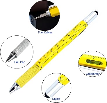 Stylus Pen, 7-in-1 Multi-Tool Pen [Touchscreen Stylus, Ballpoint Pen, Ruler, Level, Phillips Screwdriver and Flathead (3 Pack Yellow)