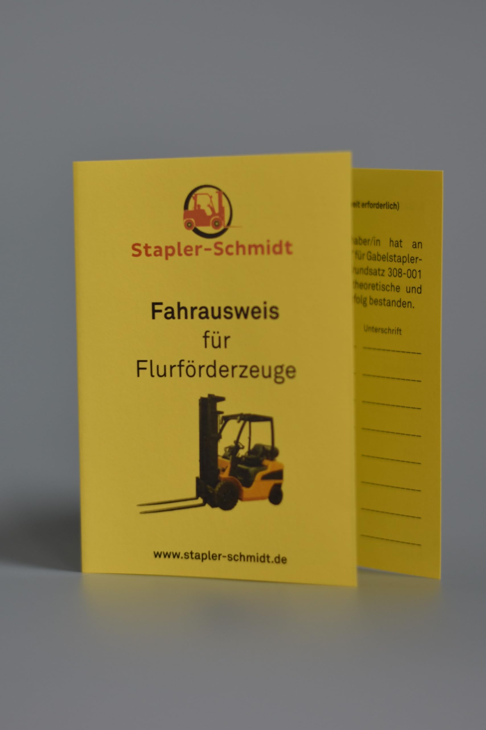 10x Fahrausweise für Flurförderzeuge – Staplerschein/Ausbildungsnachweis für Gabelstaplerfahrer - Gabelstaplerschein - mit "Stapler Schmidt" Logo