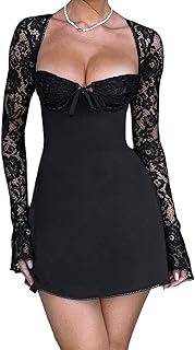 Women Lace Mini Dress Sexy Square Neck Lace Long Sleeves Backless Tie-Up A-Line Short Dresses Cocktail Bodycon Dress